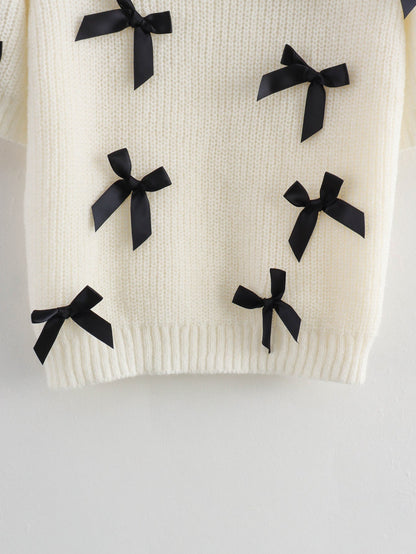 Elegant Crew Neck Bow Decor Sweater Top