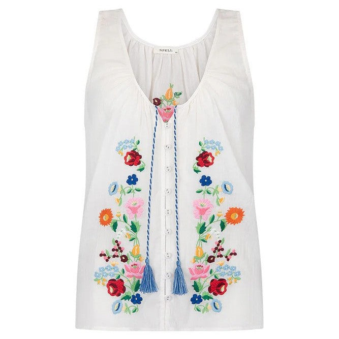Embroidered Flower U-Neck Sleeveless Top