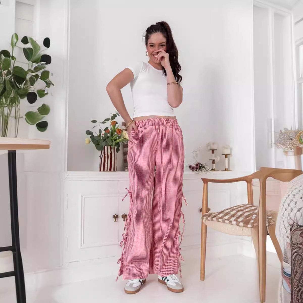 Plaid String Tie Straight Leg Pants