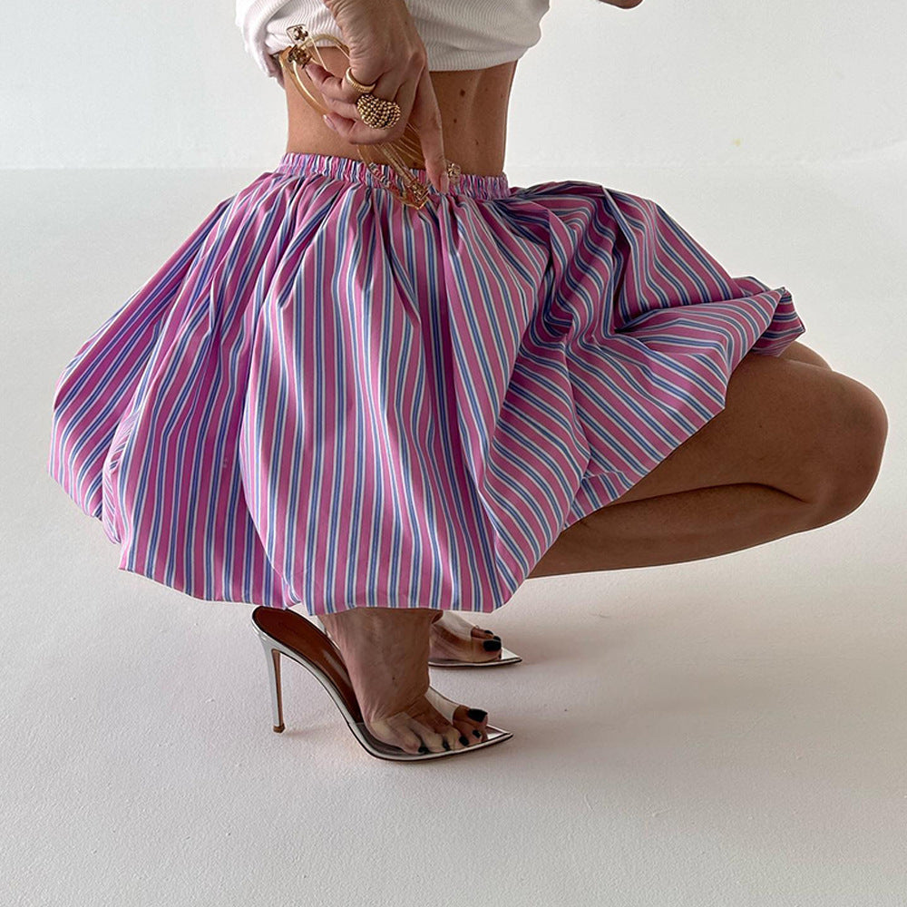 Striped Pleated Mini Puffy High-Waisted Skirt