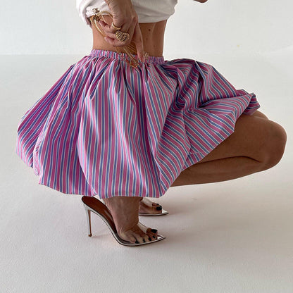 Striped Pleated Mini Puffy High-Waisted Skirt