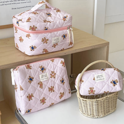 Cute Bear Print Striped Make Up Bag