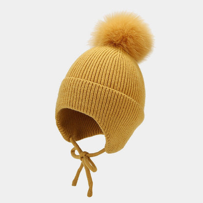 Solid Color String Tie Knit Pom Beanie