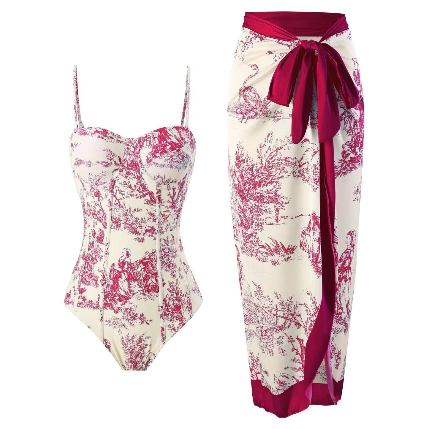 Vintage Print Slim Fit Swimwear with Cover Dress