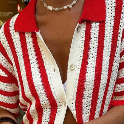 Color-Block Striped Casual Lapel Knit Top