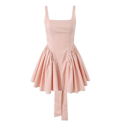 Solid Color Bow Tie Back Pleated Dress