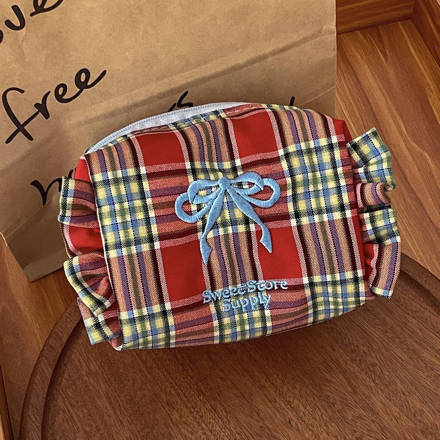 Bow Plaid Flounce Make Up Bag
