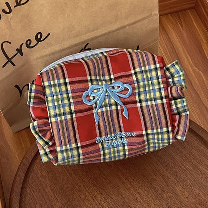 Bow Plaid Flounce Make Up Bag
