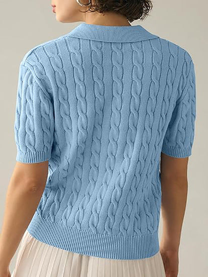 Lapel V-Neck Twist Short Sleeves Knit Tops