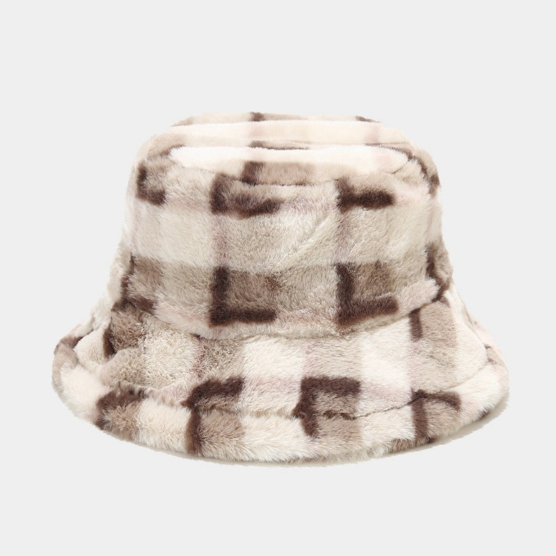 Color Block Plaid Soft Fleece Bucket Hat