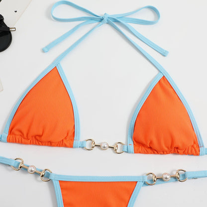 Color Block Halter Backless Swimwear