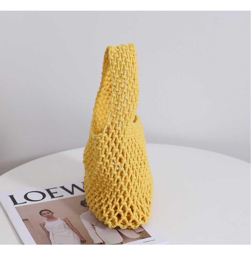 Solid Color Hollow Out Woven Handbag