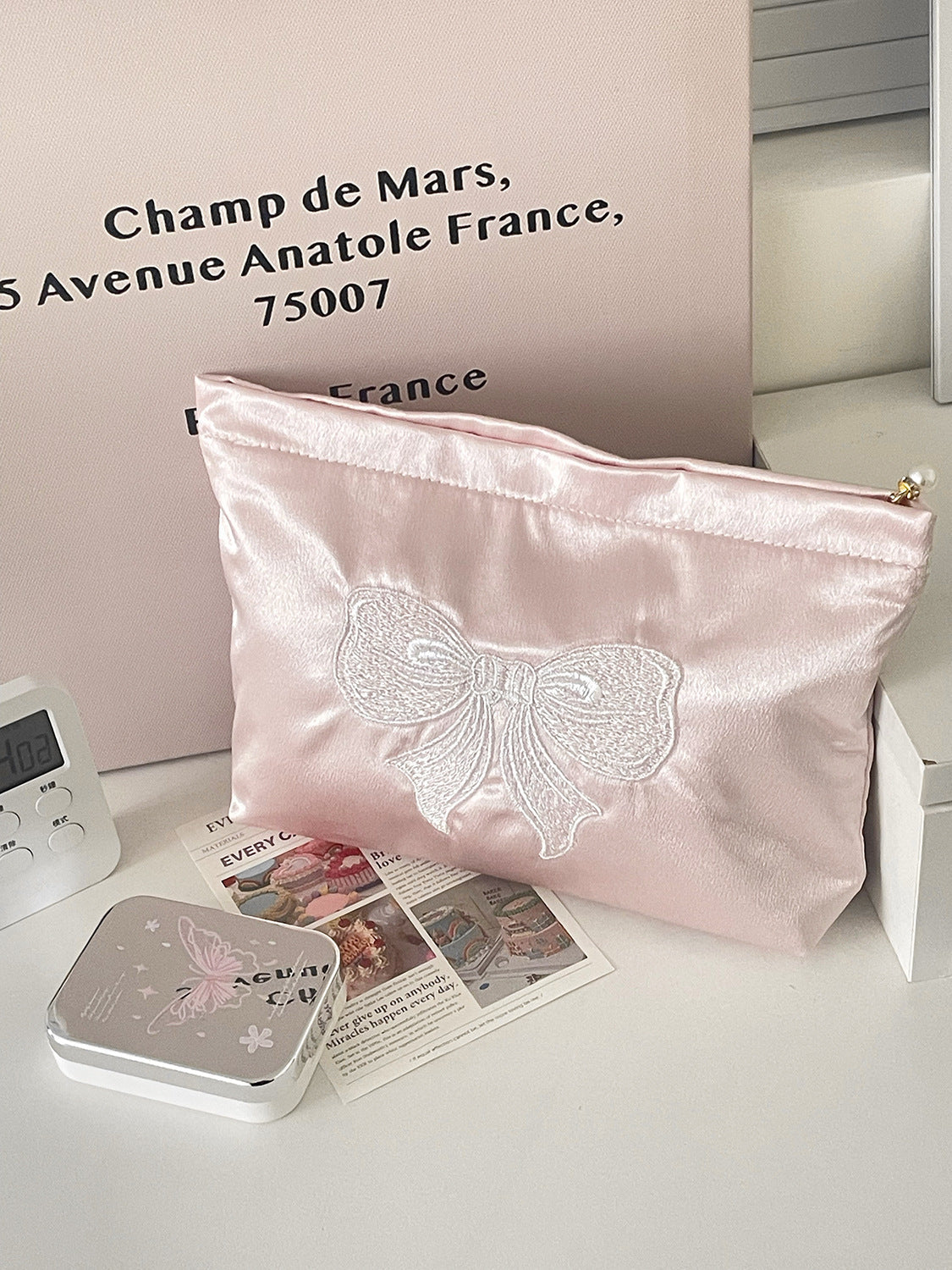 Cute Embroidered Bow Satin Makeup Bag
