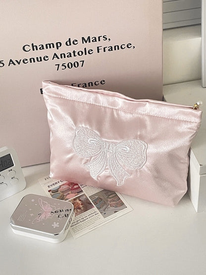 Cute Embroidered Bow Satin Makeup Bag
