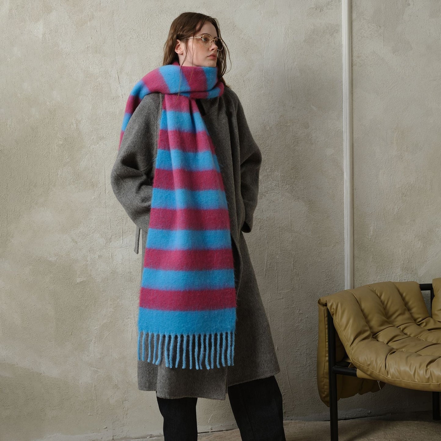 Striped Color Block Thicken Tassel Warm Scarve