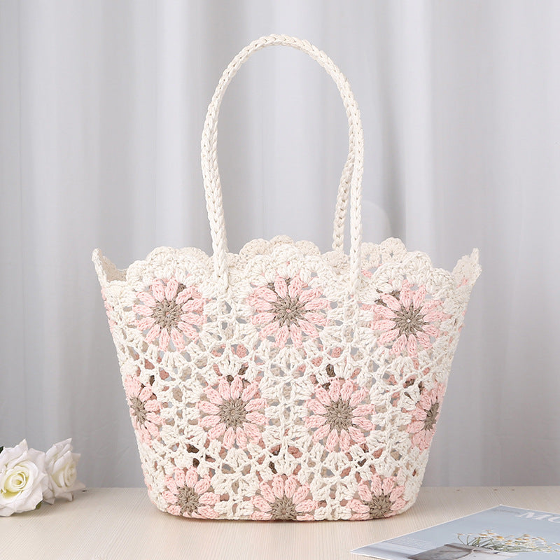Hollow Out Flower Woven Shoulder Tote Bag