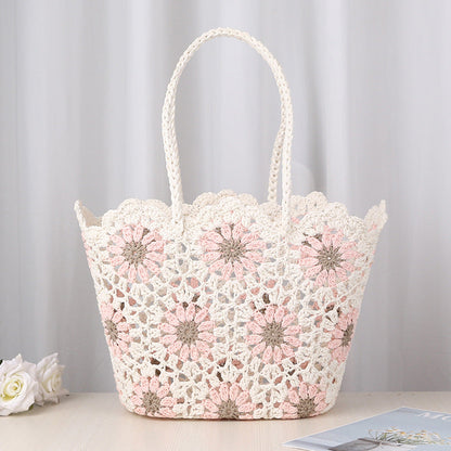 Hollow Out Flower Woven Shoulder Tote Bag