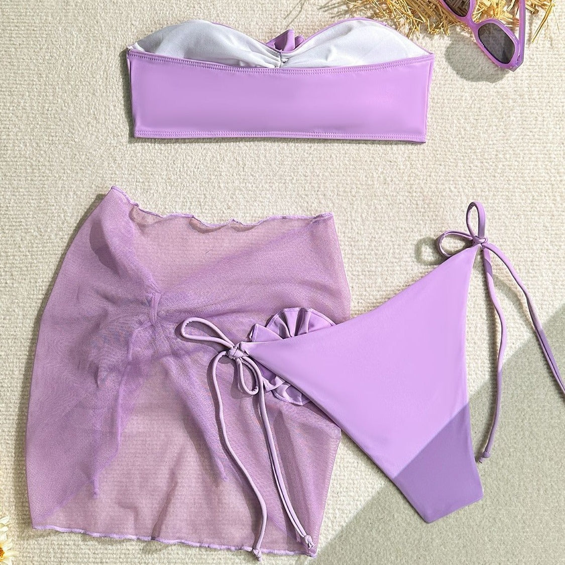 3-Piece Sexy 3D Floral Bandeau Bikini Set