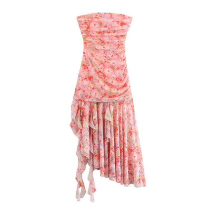 Trendy Strapless Printed Asymmetrical Midi Dress