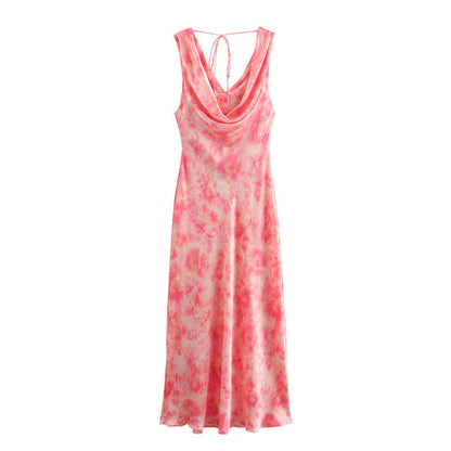 Elegant Flower Printed Cowl Neck Maxi Dress