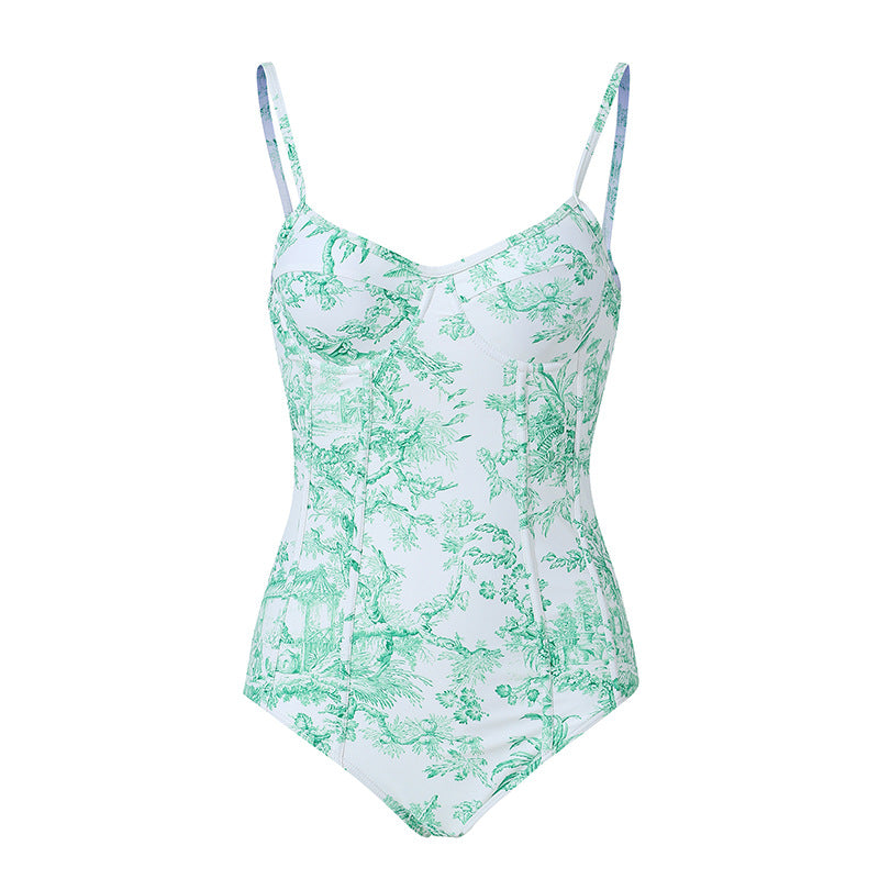 Vintage Print Slim Fit Swimwear with Cover Dress