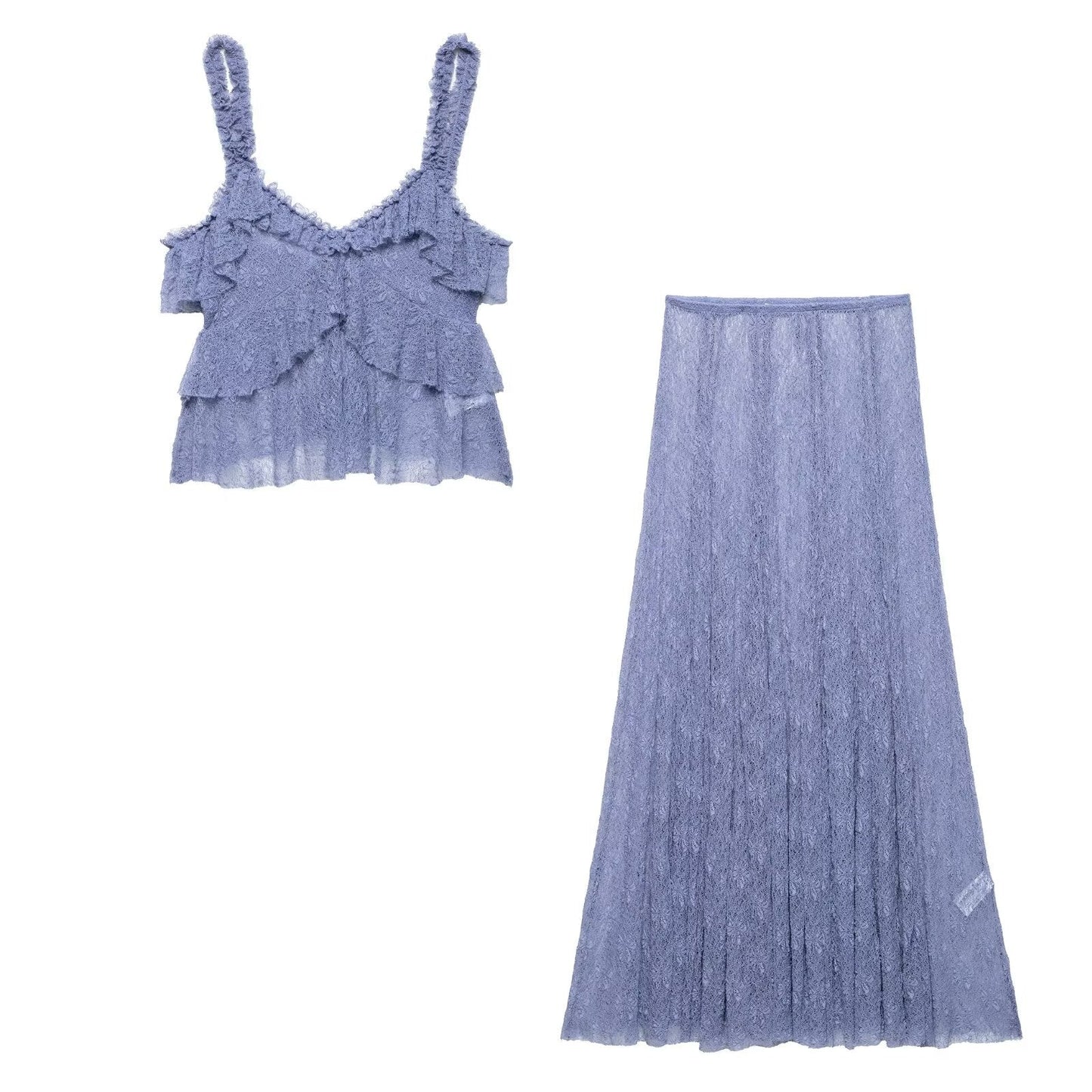 Lace Ruffle Spaghetti Top Maxi Skirt Sets