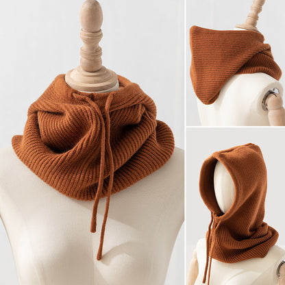 Drawstring Hooded Scarf One-Piece Hat & Scarf