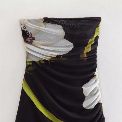 Trendy Strapless Printed Asymmetrical Midi Dress