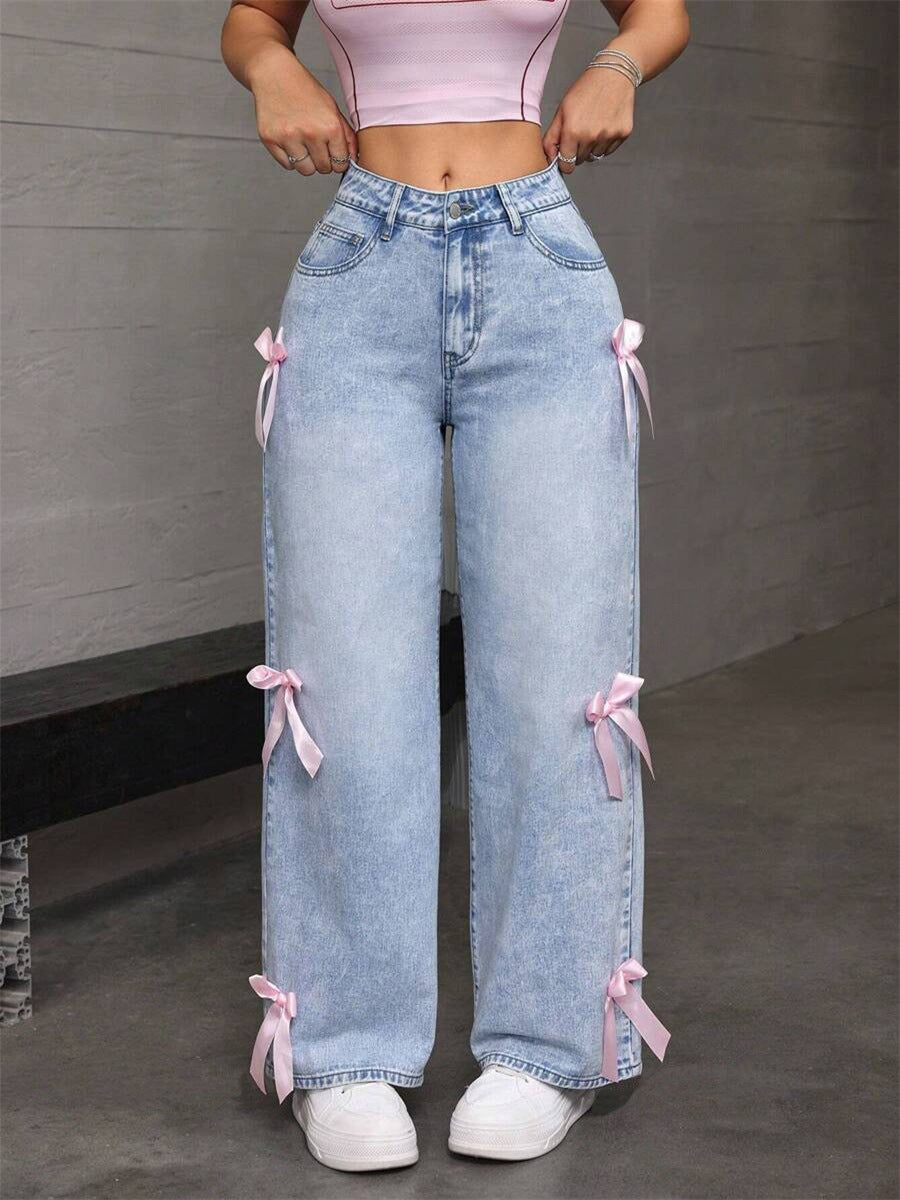 Bow Decoration Washed Street Straight Leg Jeans