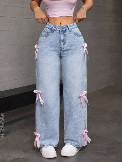 Bow Decoration Washed Street Straight Leg Jeans