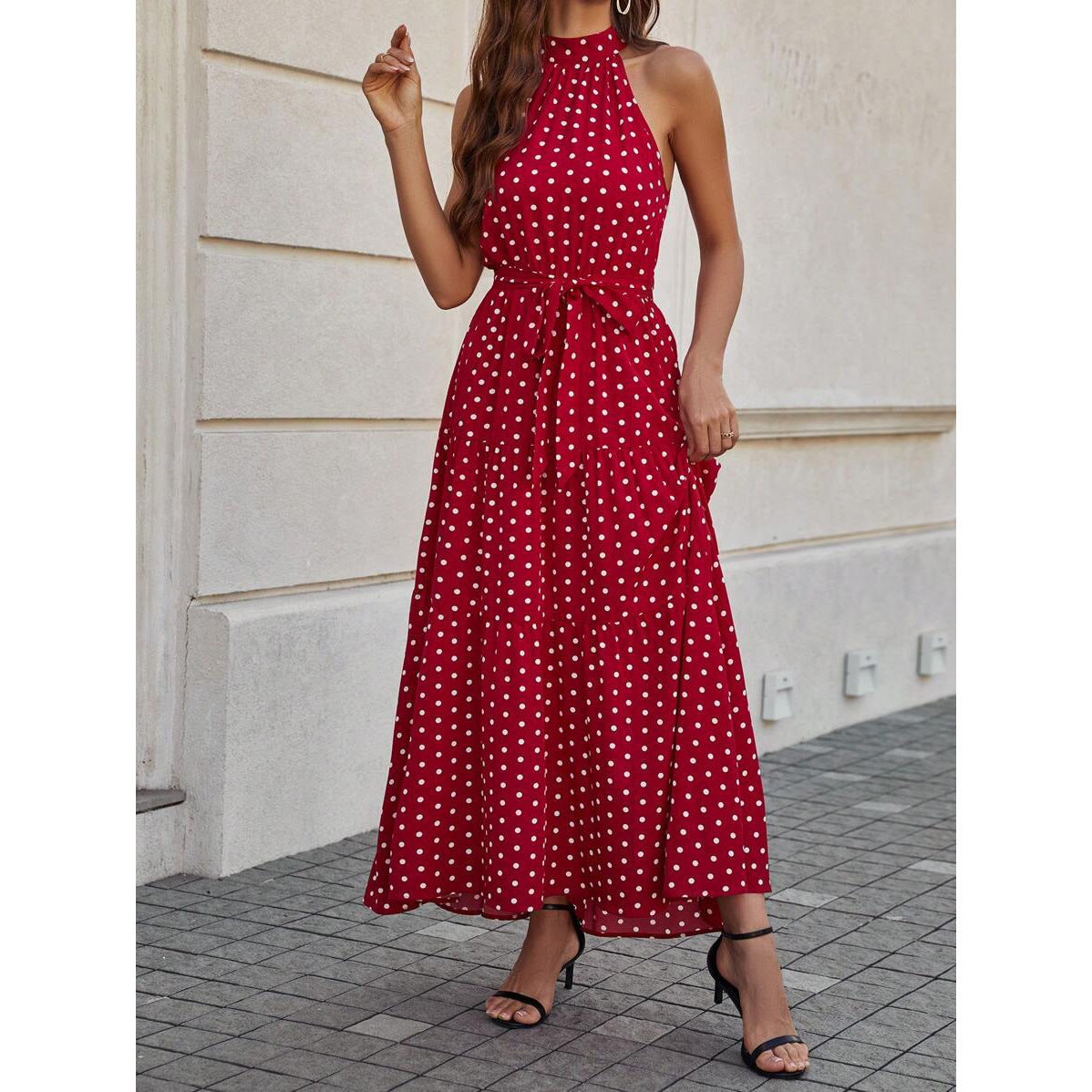 Elegant Polka Dot Tie Waist Halter Dress
