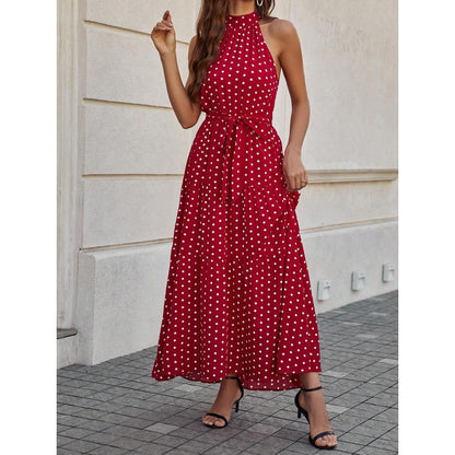 Elegant Polka Dot Tie Waist Halter Dress