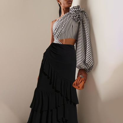 Striped Flower Swimwear With Reffle Cover