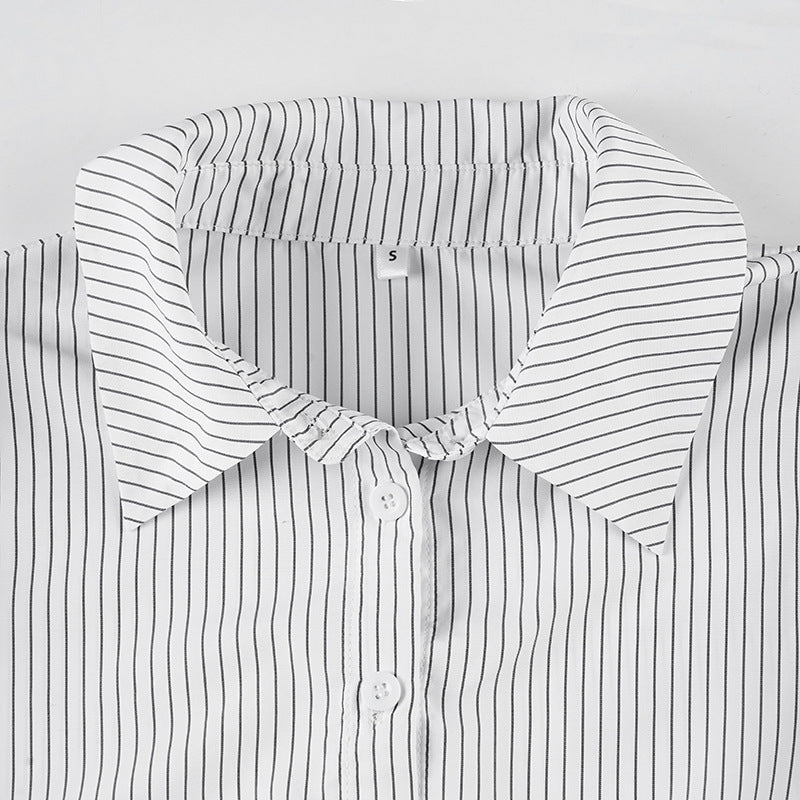 Simple Striped Button Down Tie Waist Shirt