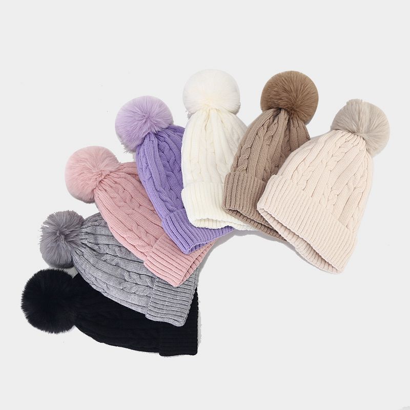Twist Padded Solid Color Knit Pom Beanie