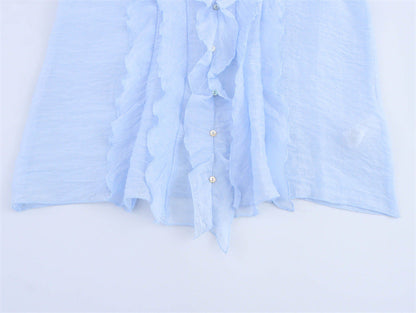 Fashion Solid Color Sleeveless Ruffl Layer Blouse