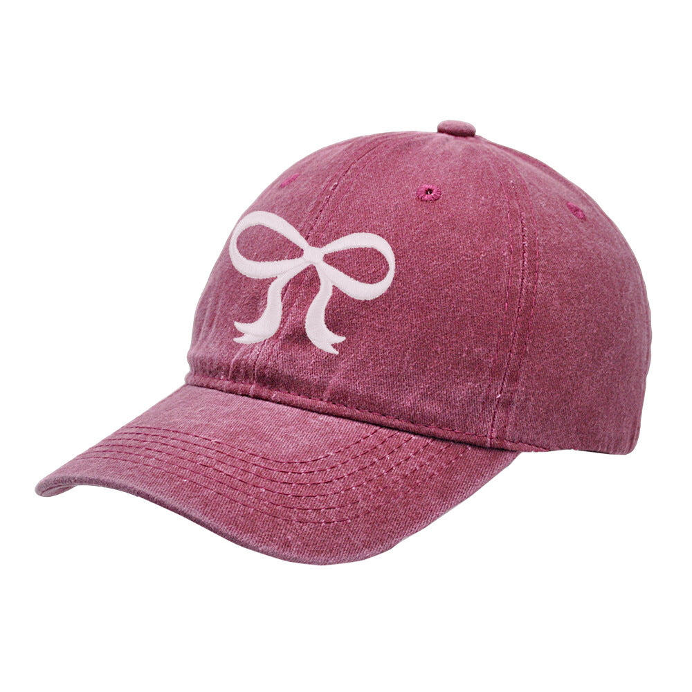 Washed Solid Color Bow Embroider Baseball Caps