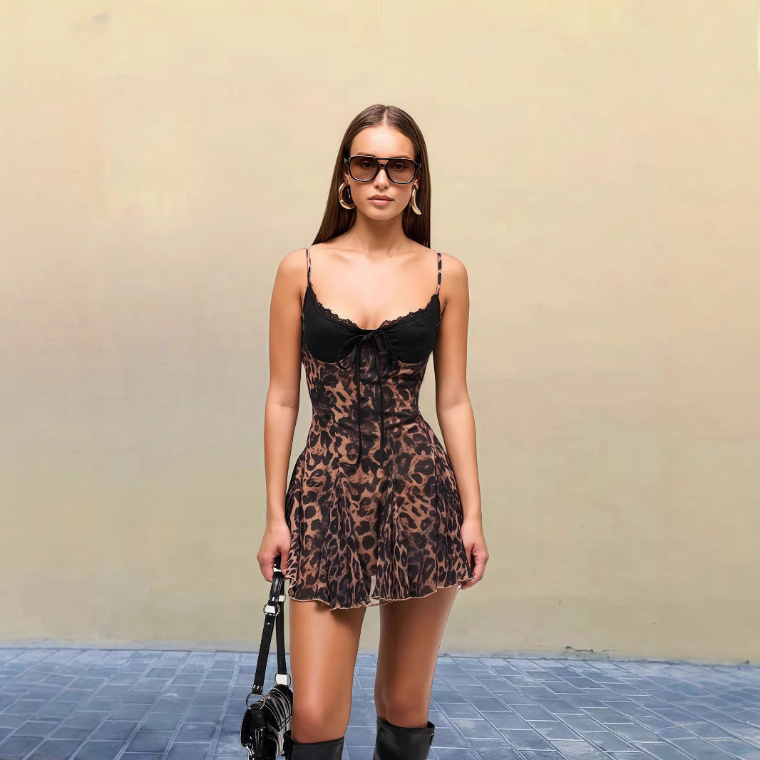 Trendy Leopard Print Spaghetti Strap Mini Dress
