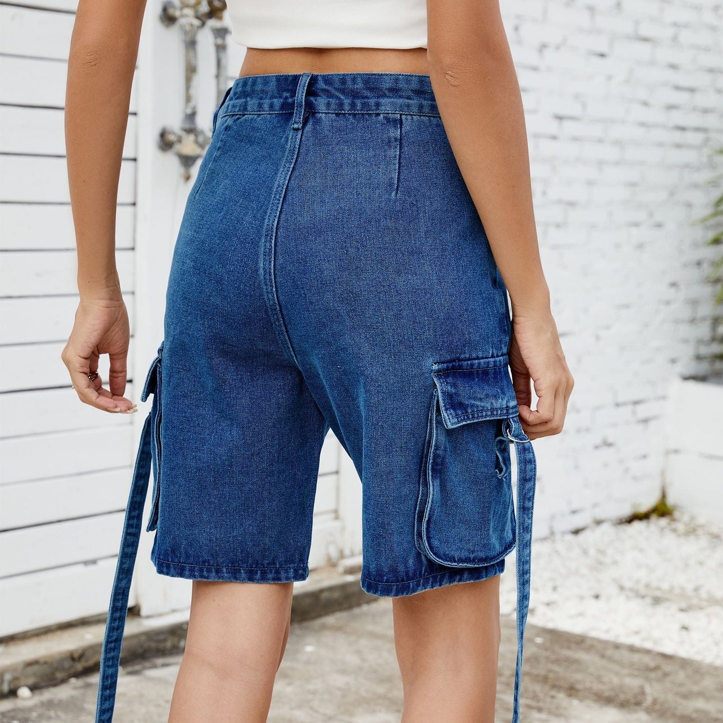 Distressed Straight Leg Cargo Denim Shorts