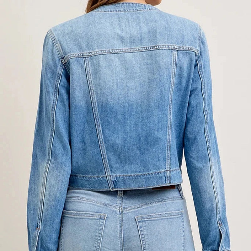 Vintage Crew Neck Denim Cropped Jacket