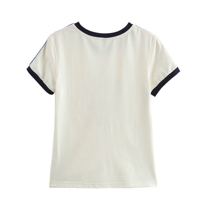 Round Neck Short Sleeve Striped Printed Top