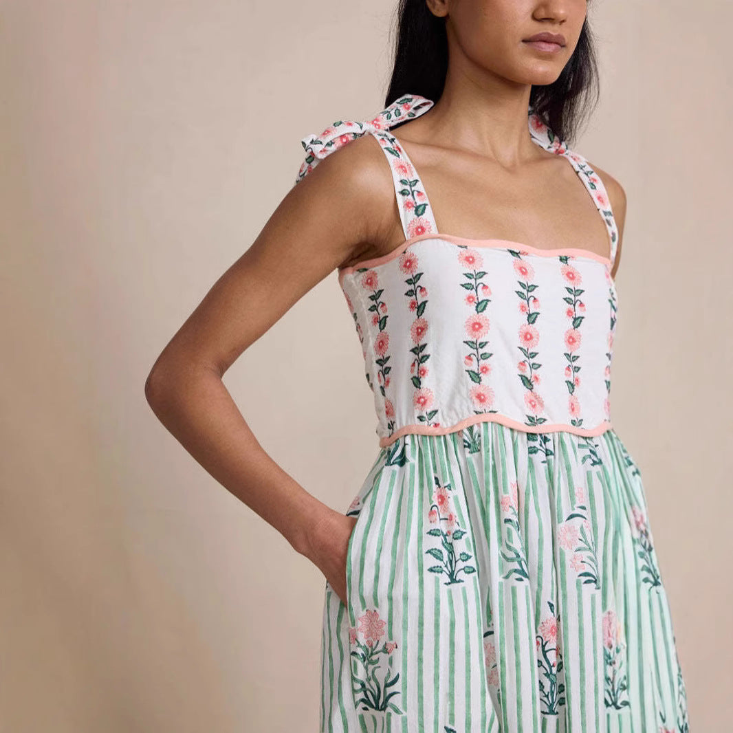 Floral Bow String Splicing Maxi Dress