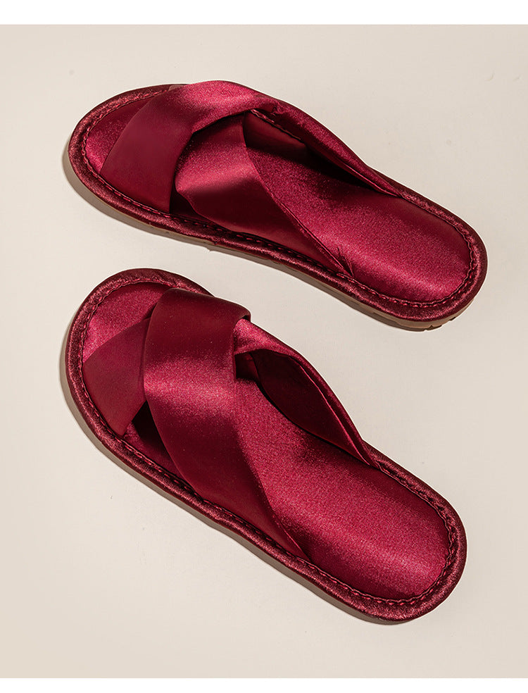 Solid Color Crossed Satin Slide Slippers