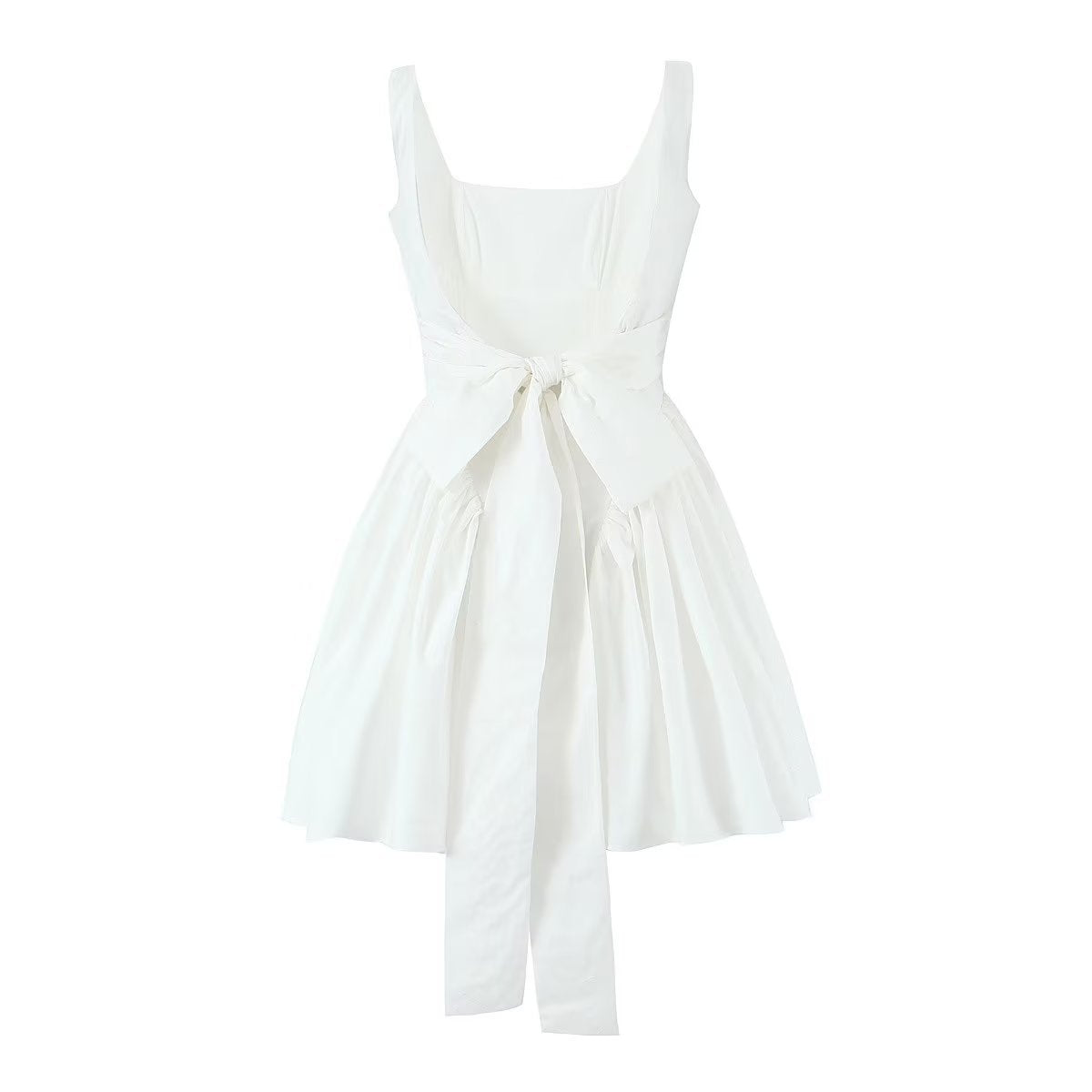 Solid Color Bow Tie Back Pleated Dress
