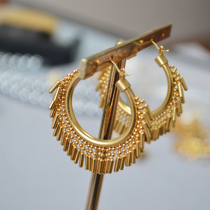 Gold Plated Exaggerated Tassel Hoop Earrings