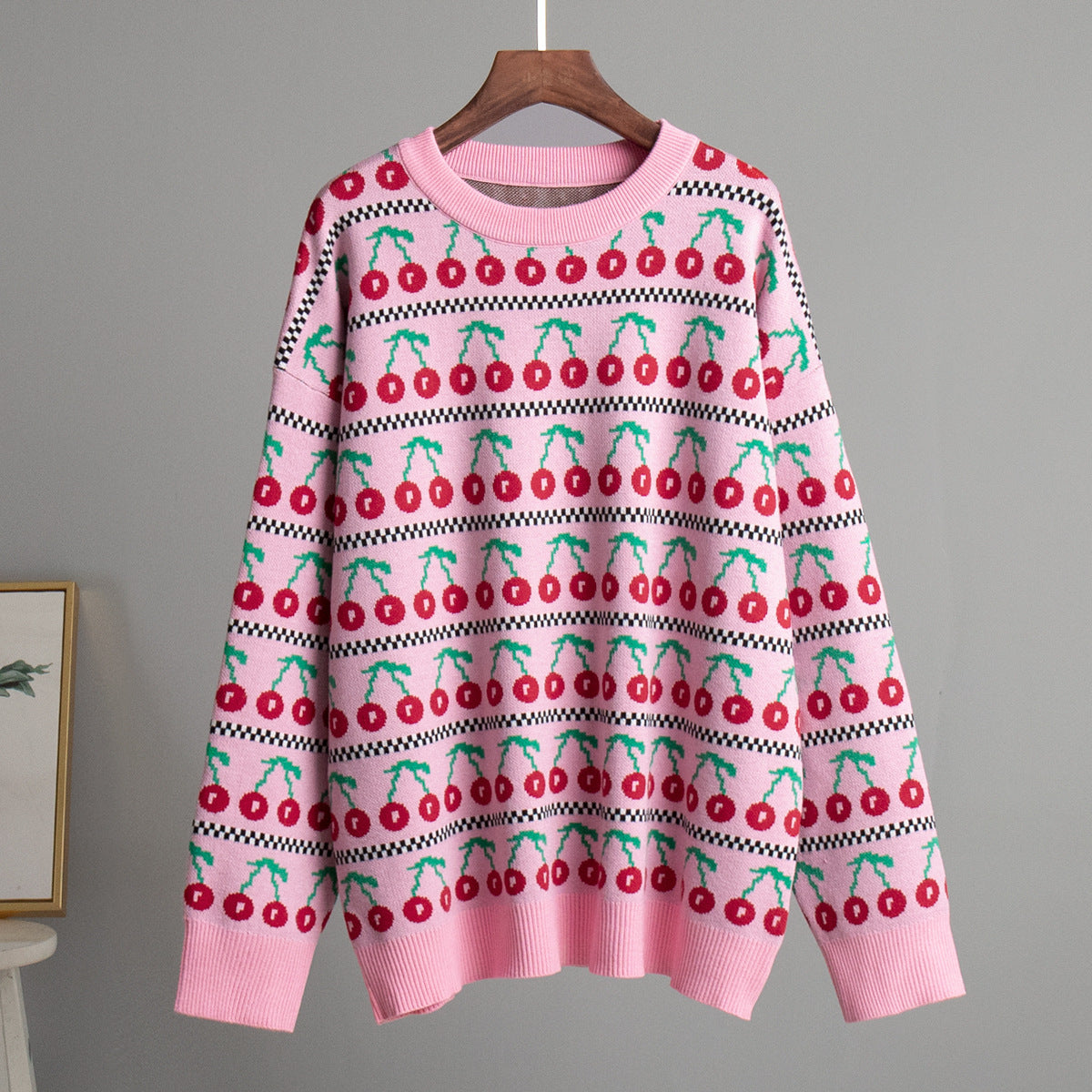Cherry Print Contrast Color Sweater