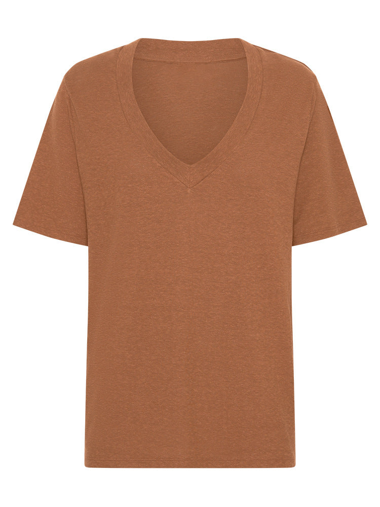 Solid Color Deep V-Neck Loose T-Shirt