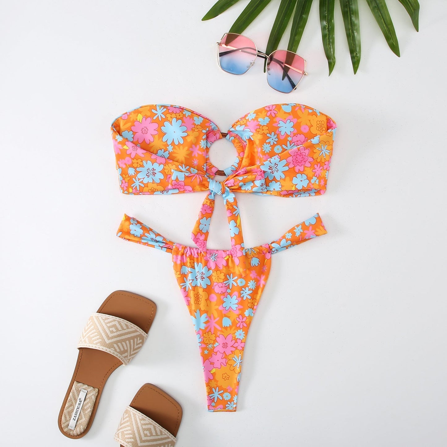 2PCS Flower Print Strapless Sexy Swimwear