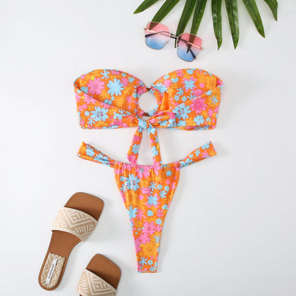 2PCS Flower Print Strapless Sexy Swimwear