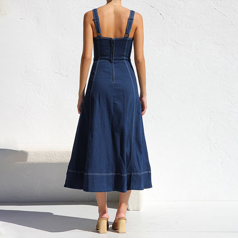 Casual Sleeveless Distressed Denim Maxi Dress